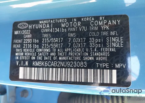 2022 Hyundai Kona Sel из США, поврежденный, VIN KM8K6CAB2NU923083
